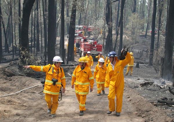 Group of volunteers with media at fire ground
