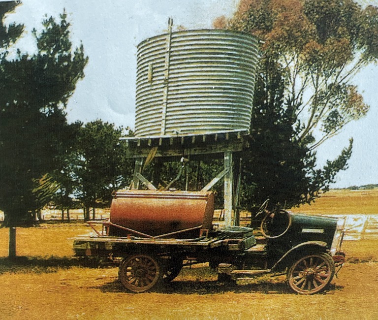 Brigade's first tanker - a water tank and primitive pump mounted on member's Thornycroft truck
