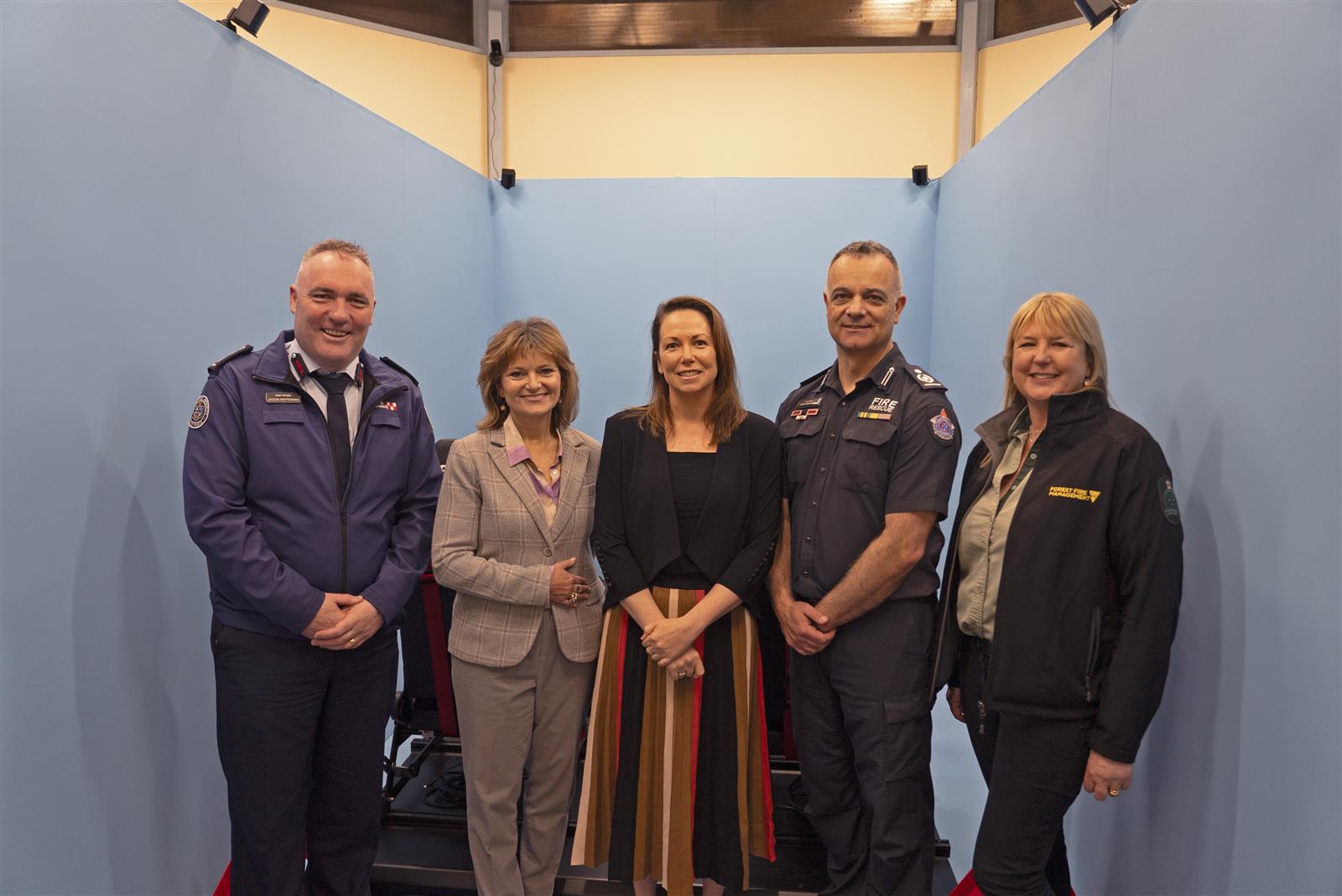 From L-R: CFA Chief Officer Jason Heffernan, CFA Board Chair Jo Plummer, Minister Jaclyn Symes, CFA Aviation Commander John Katakouzinos , FFMVic Deputy Chief Fire Officer Fiona Dunstan