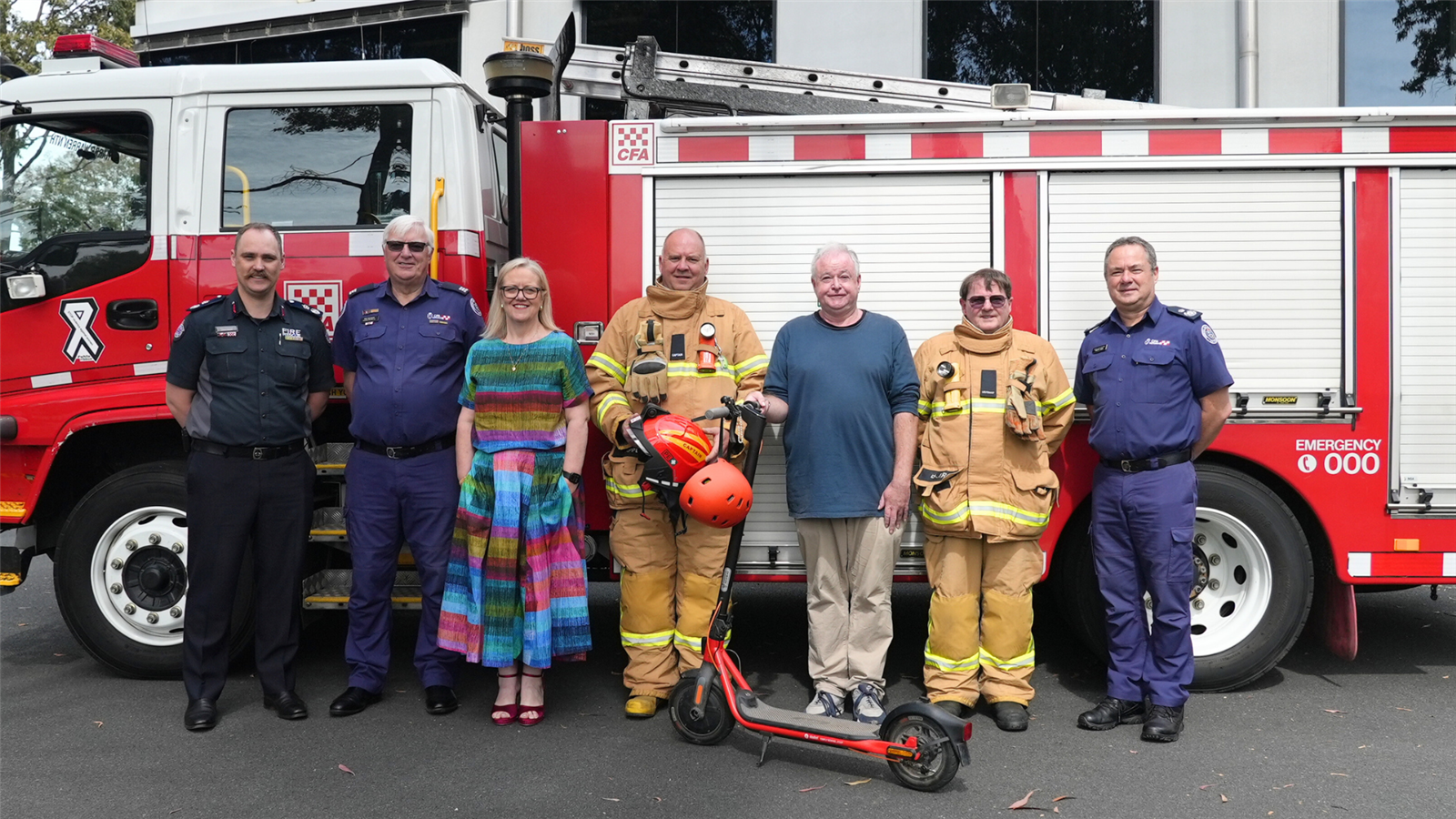 FRV Deputy Commissioner Josh Fischer, Hastings Captain Mike Willmott, Energy Safe Victoria CEO Leanne Hughson, Narre Warren North Captain Robert Appel, Hastings e-bike owner Joel Bleakley, Narre Warren North 2nd LT Gary Beer and DCO Trevor Owen
