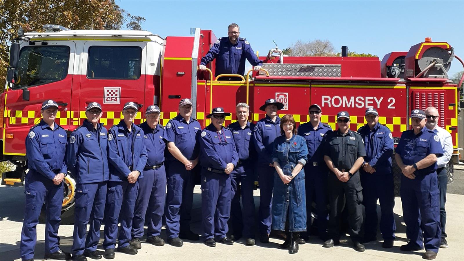 Romsey Fire Brigade members and District 2 Commander Darren Brown with local member Mary-Anne Thomas MP