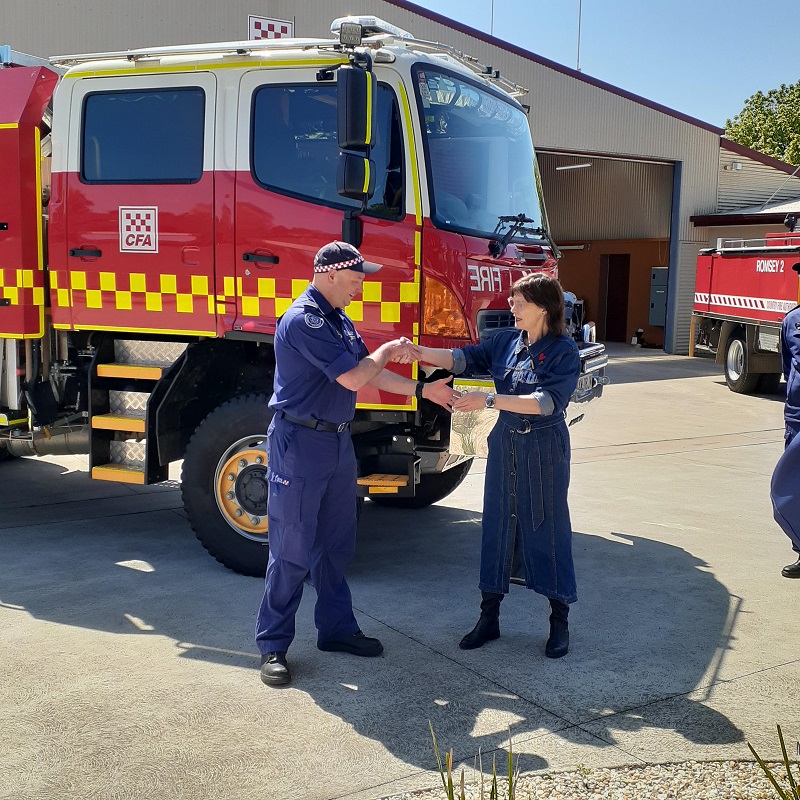 Romsey Fire Brigade Captain Nic Needham receiving the keys to the new tanker