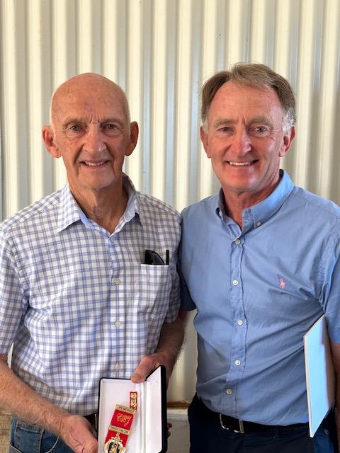 Brigade inaugural Life Member and 60-year service recipient Colin Jeffery with Deputy Mayor Cr Geoff Akers
