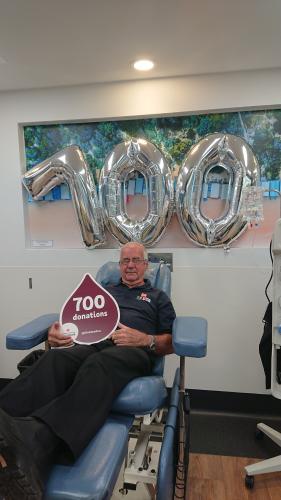 Bob making his 700th donation at the Ringwood Blood Donor Centre,